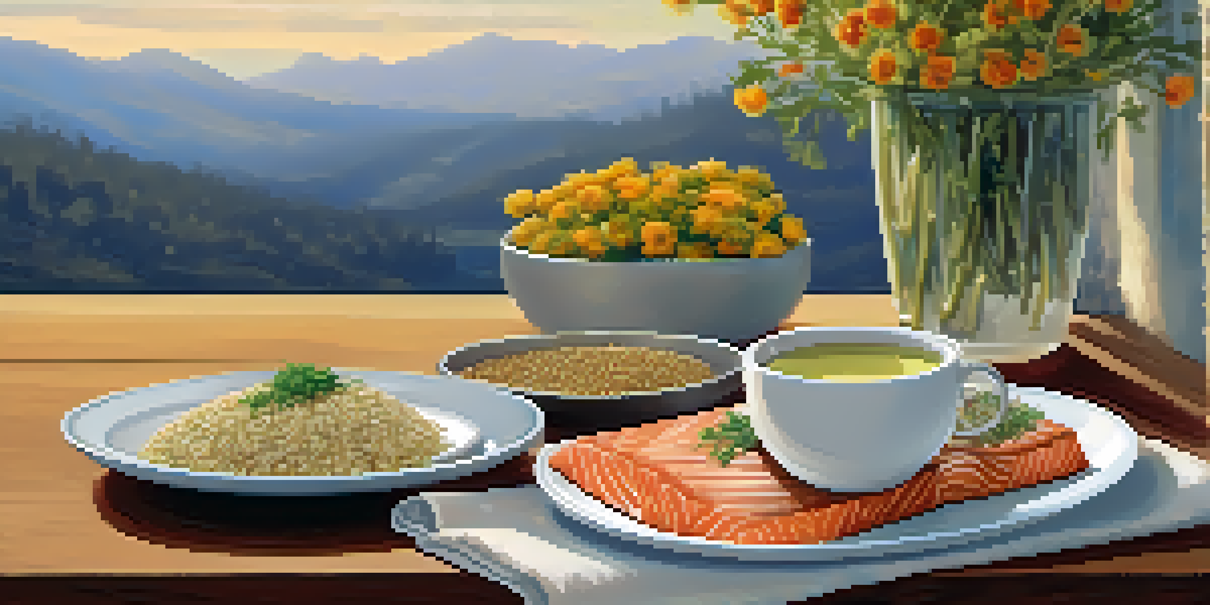 A beautifully arranged dinner table with grilled salmon, quinoa, fresh herbs, a flickering candle, and a cup of chamomile tea, creating a warm and cozy atmosphere.