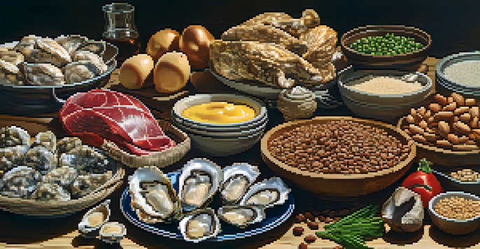 A variety of zinc-rich foods such as oysters, red meat, poultry, beans, nuts, and whole grains displayed on a wooden table.