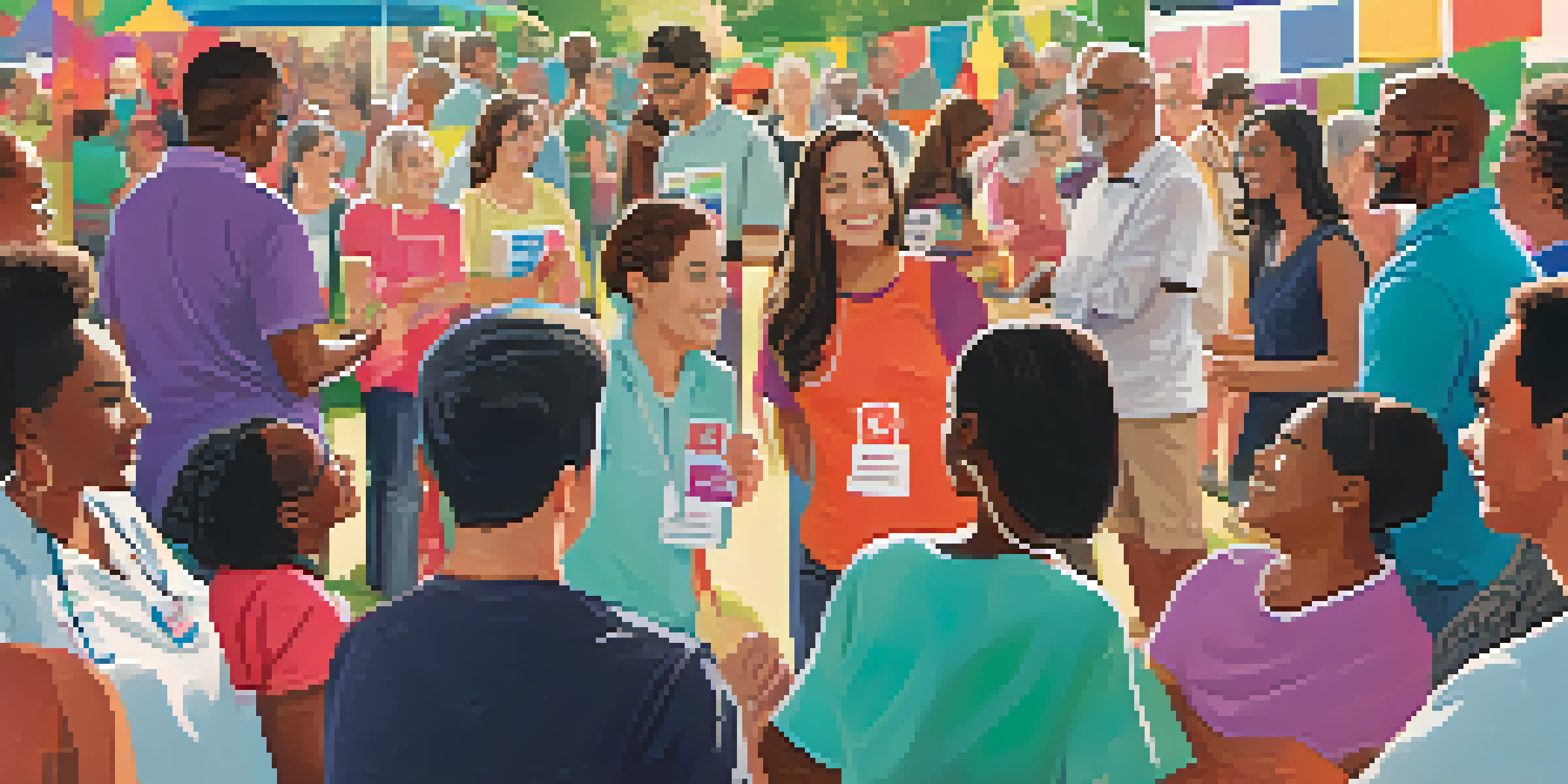 A diverse group of individuals participating in a community discussion about organ donation, with colorful decorations and an atmosphere of inclusivity.