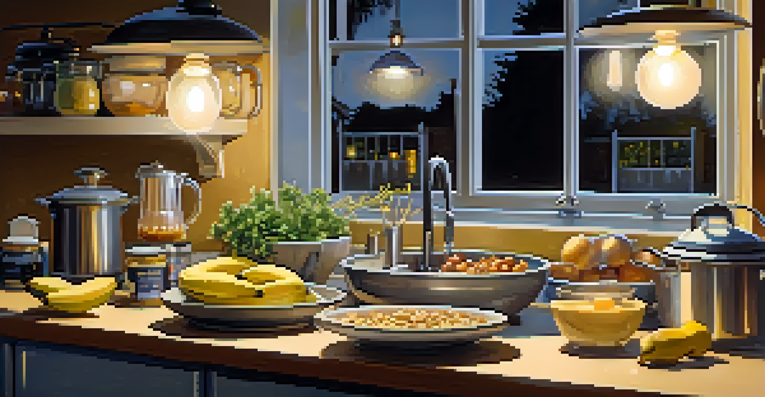 A cozy kitchen with fresh ingredients for a light meal, including oatmeal, honey, and bananas, illuminated by warm lights.