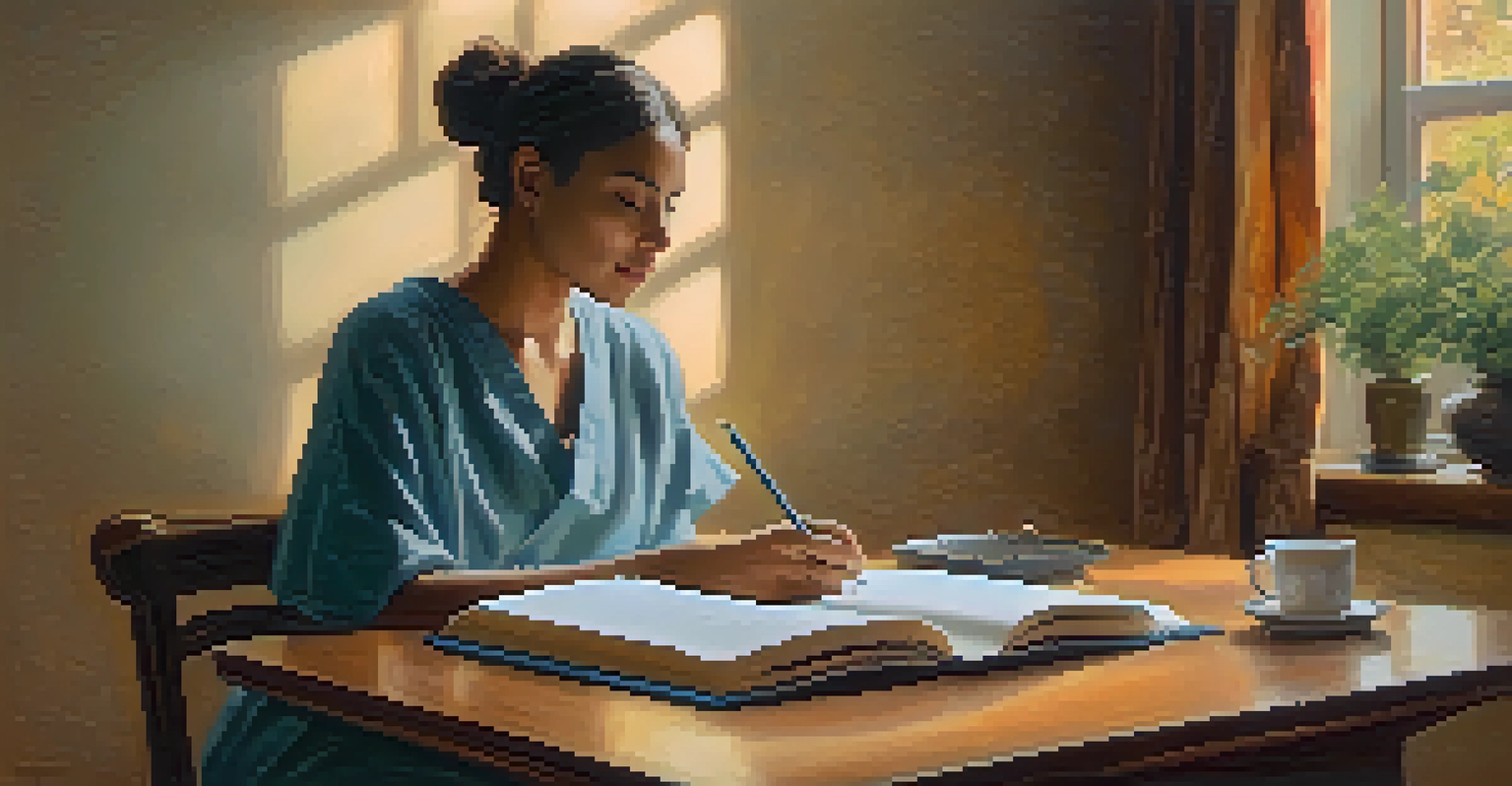 A person sitting at a table with a notebook, writing questions for their healthcare provider, with warm lighting and a cup of herbal tea beside them.