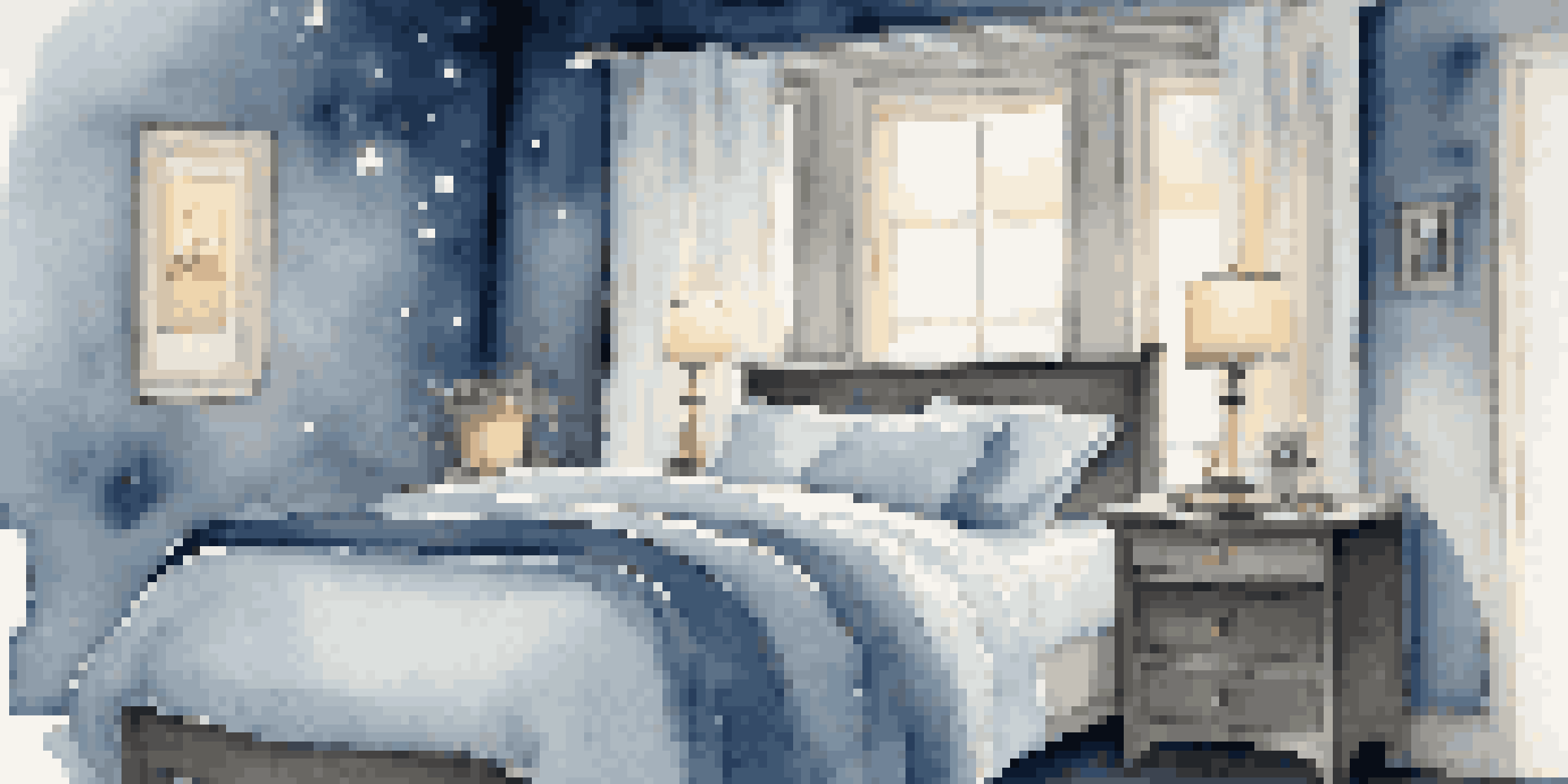 A peaceful bedroom with a cozy bed, soft linens, and a starry night visible through the window.