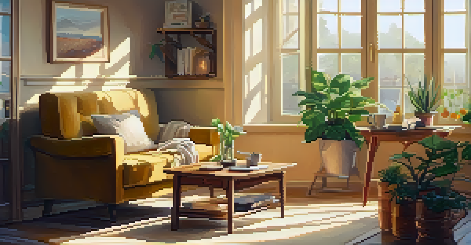 A cozy living room with an armchair by a window, a cup of tea, and a journal on a small table, illuminated by soft sunlight.