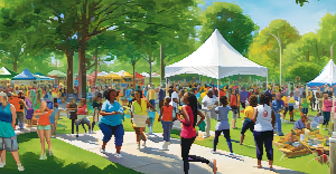 A lively community health fair in a park with diverse people participating in health activities like yoga and health screenings, surrounded by greenery and colorful banners.