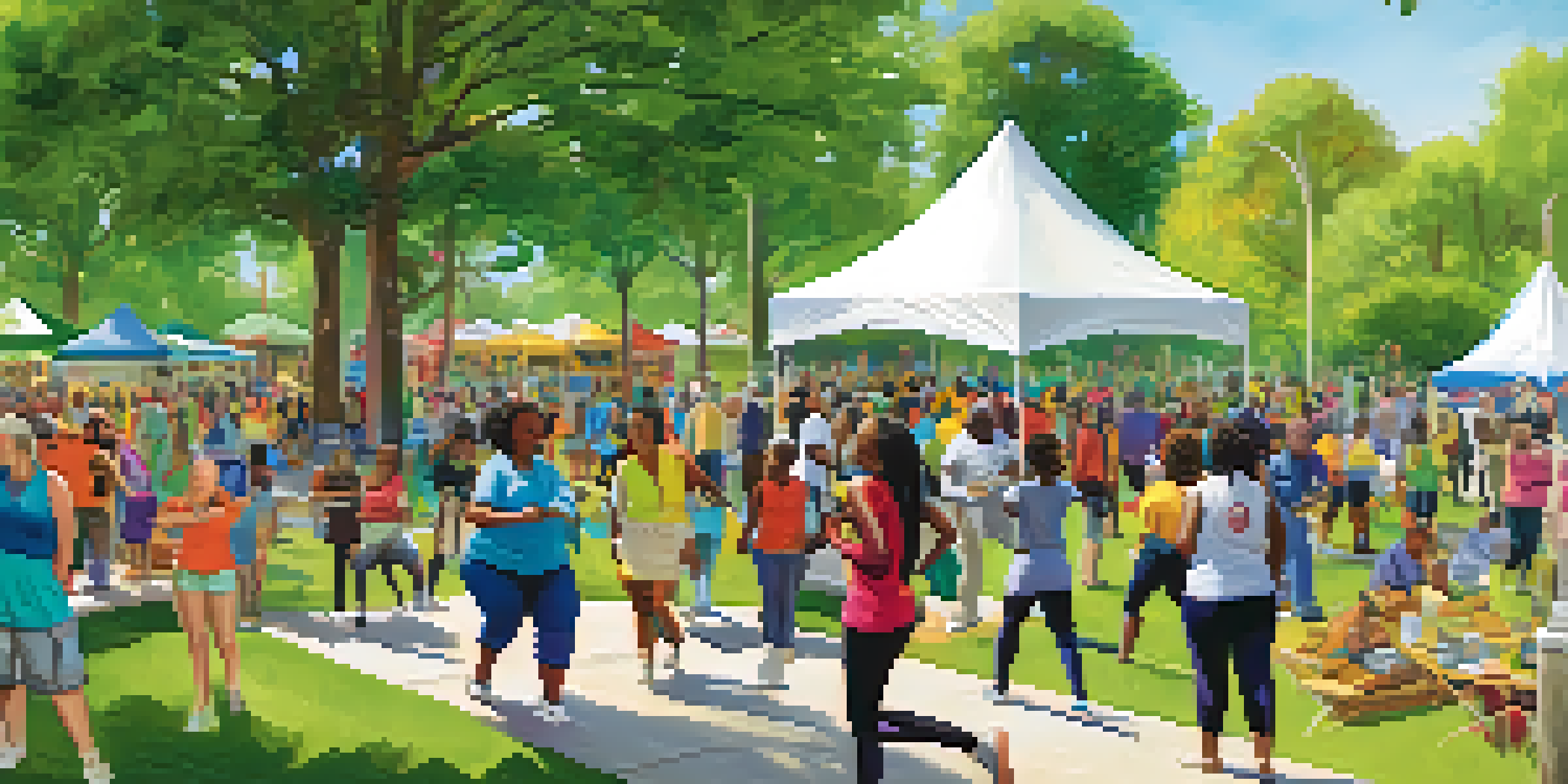 A lively community health fair in a park with diverse people participating in health activities like yoga and health screenings, surrounded by greenery and colorful banners.