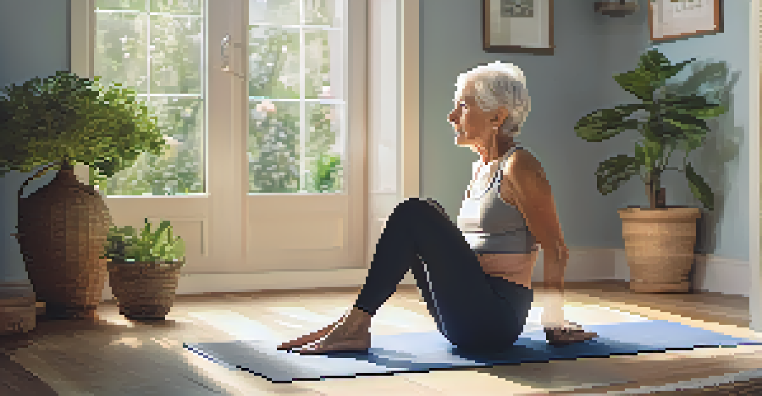 An elderly woman practicing a yoga pose at home, surrounded by plants and soft natural light.