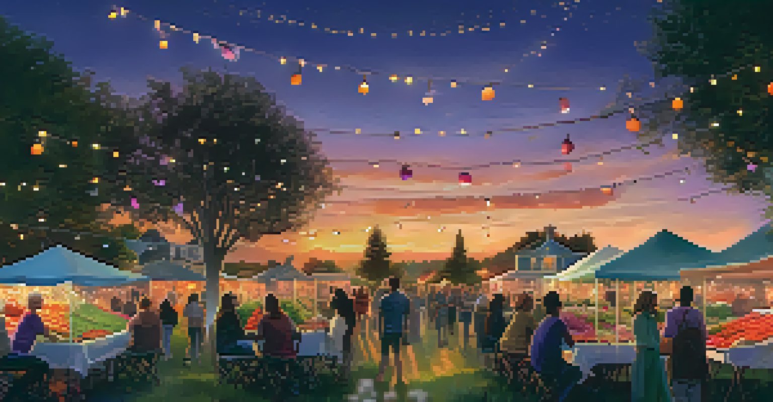 A community garden at sunset during a harvest festival, with people enjoying food and festive decorations.