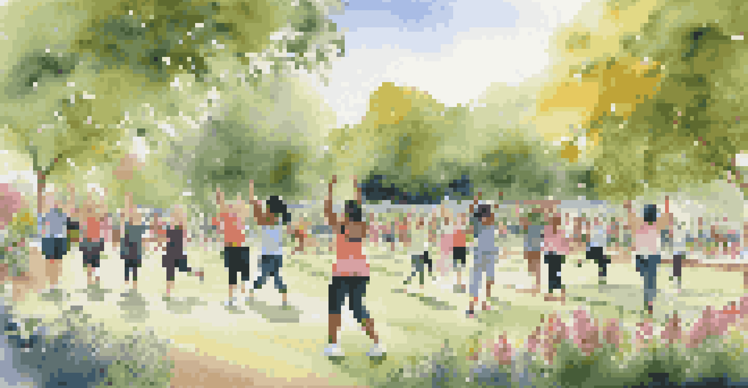 A diverse group of women exercising together in a park, participating in activities like yoga and jogging, surrounded by nature.