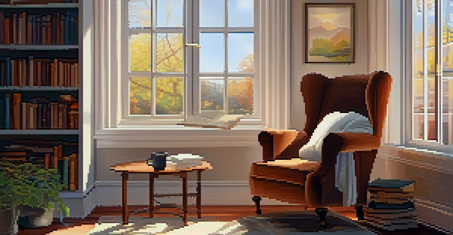 A cozy reading nook with an armchair, blanket, and a cup of tea, surrounded by books in soft, natural light.