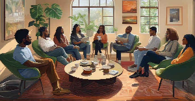 A diverse group of individuals seated in a circle during a support group meeting, sharing experiences in a cozy, warmly lit room.