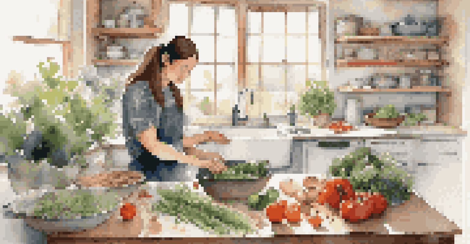 A person preparing healthy meals in a bright kitchen, surrounded by fresh ingredients.