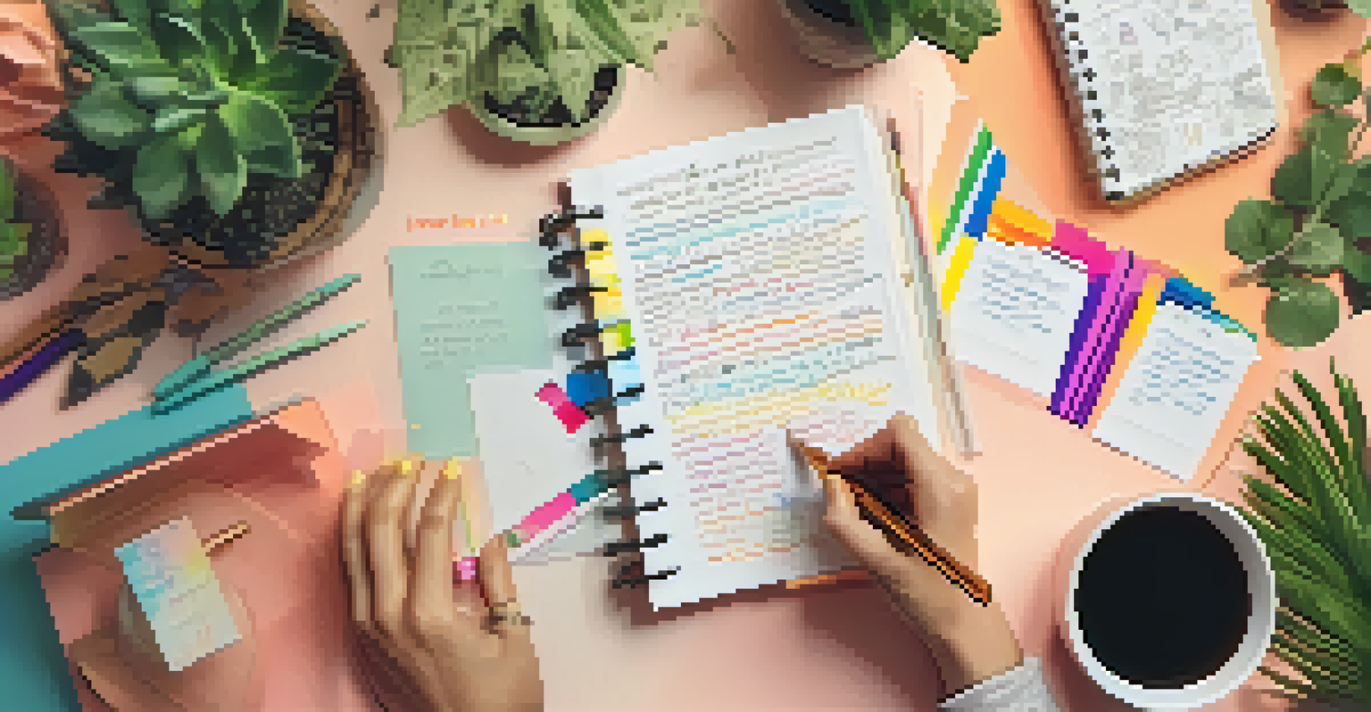 Close-up of hands journaling with colorful pens and motivational quotes in a cozy workspace setting.