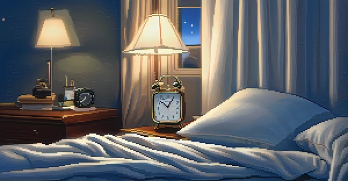 A tranquil bedroom with a well-made bed, bedside table with a lamp, and a sound machine creating a serene environment for sleep.