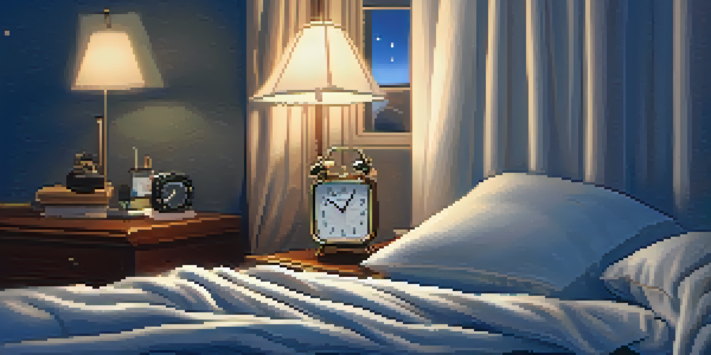 A tranquil bedroom with a well-made bed, bedside table with a lamp, and a sound machine creating a serene environment for sleep.