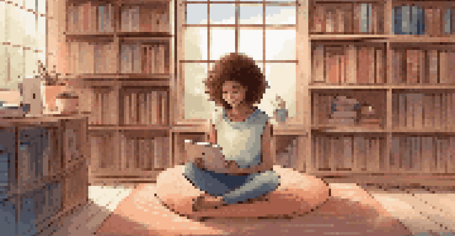 A young girl sitting on a bean bag in a library, using a mindfulness app on a tablet, surrounded by books.