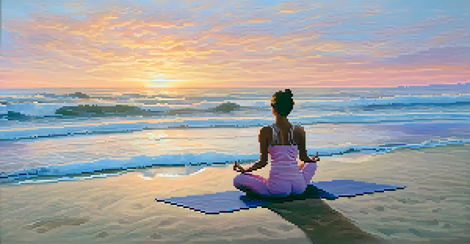 A woman practicing yoga on a beach at sunset, surrounded by calming waves and a colorful sky.