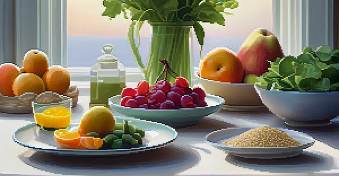 A dining table with a plate of colorful, healthy foods, soft lighting, and a vase of flowers, creating a serene atmosphere for mindful eating.