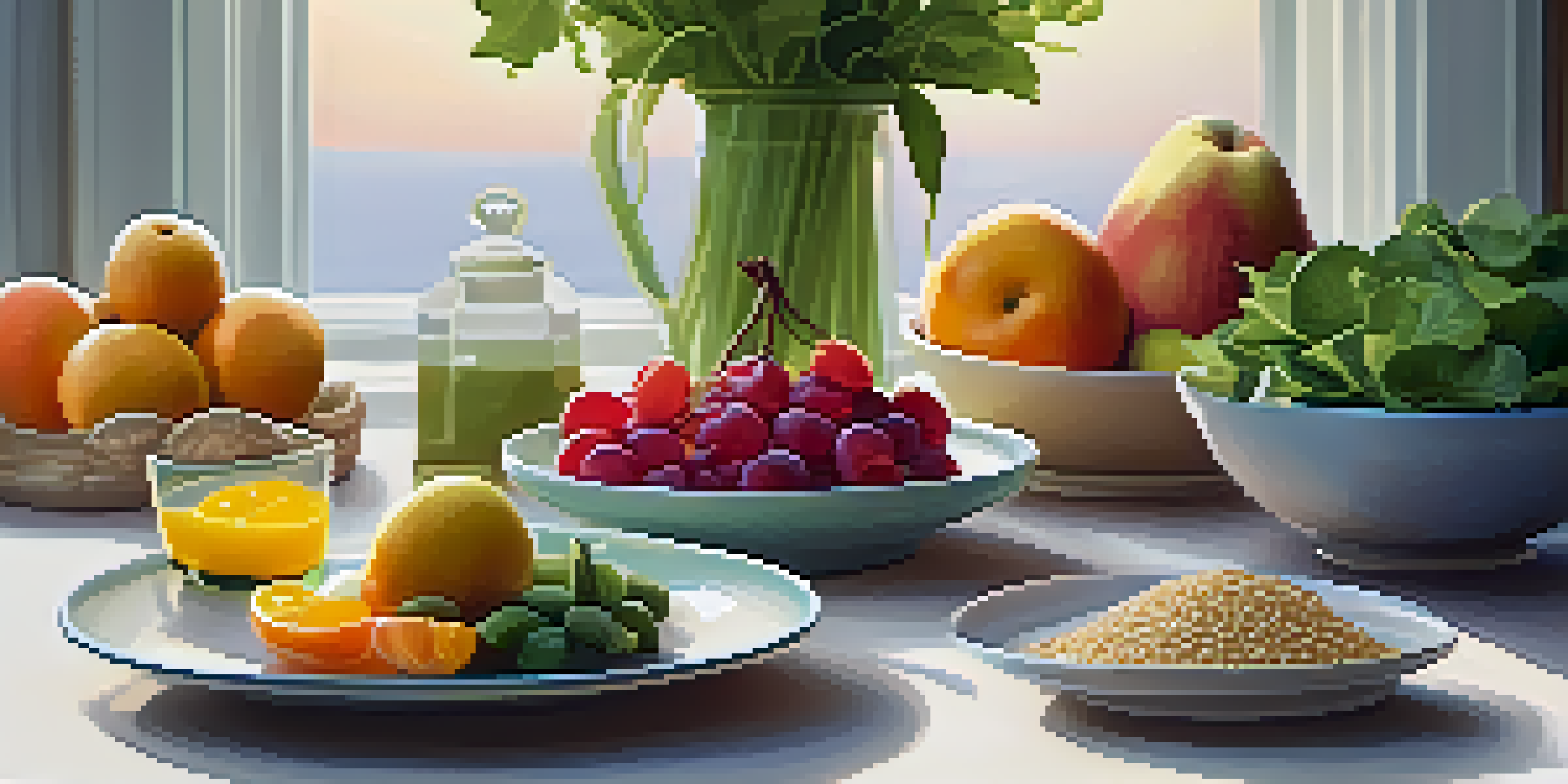 A dining table with a plate of colorful, healthy foods, soft lighting, and a vase of flowers, creating a serene atmosphere for mindful eating.