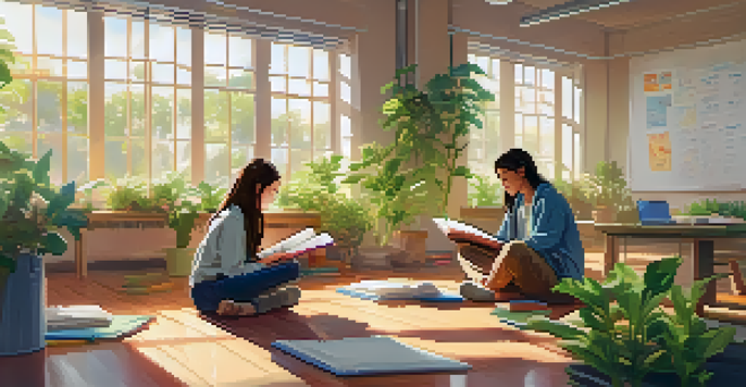 A bright classroom with sunlight, a student sitting cross-legged on the floor practicing mindful breathing among plants and colorful stationery.