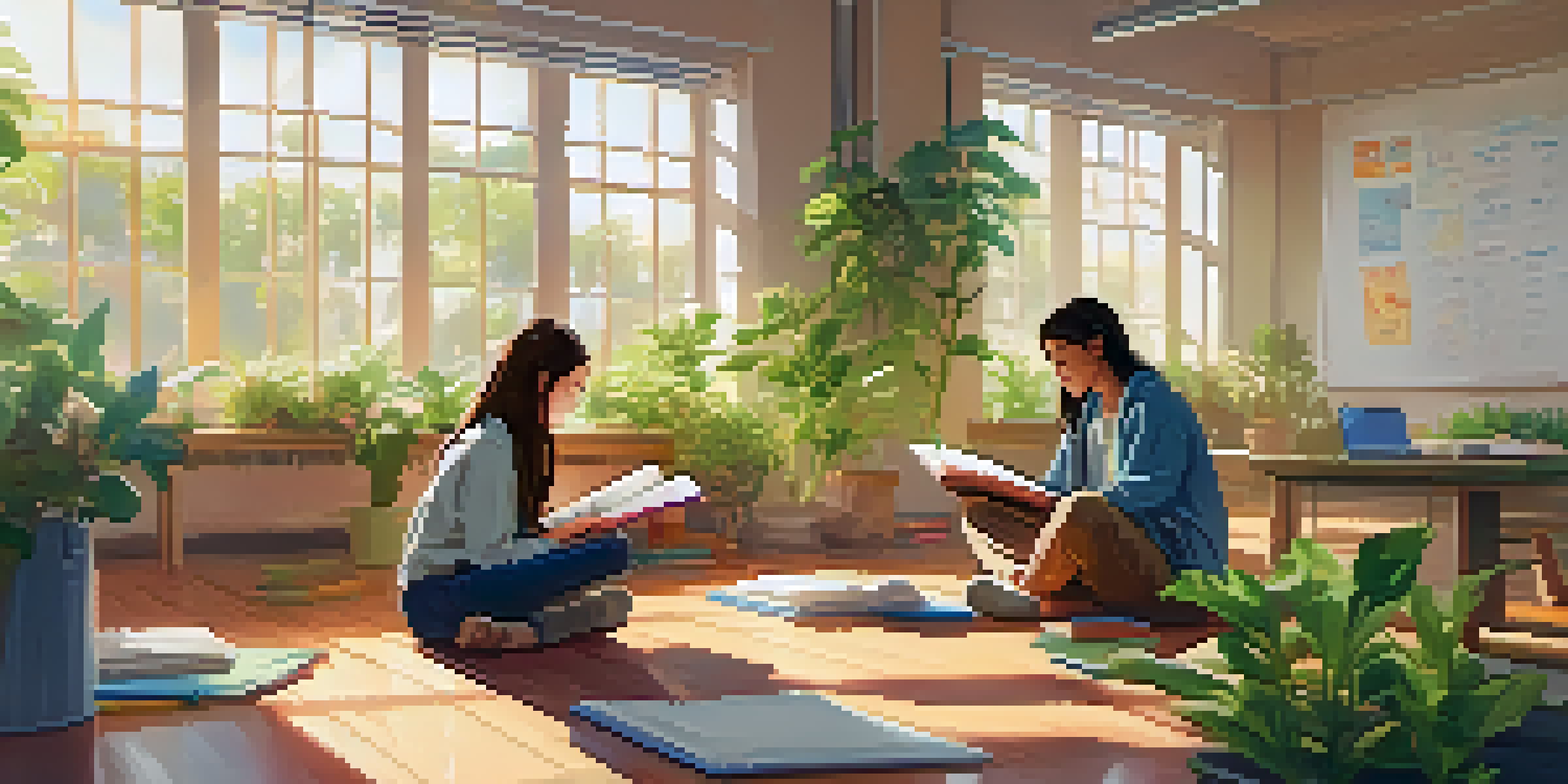 A bright classroom with sunlight, a student sitting cross-legged on the floor practicing mindful breathing among plants and colorful stationery.
