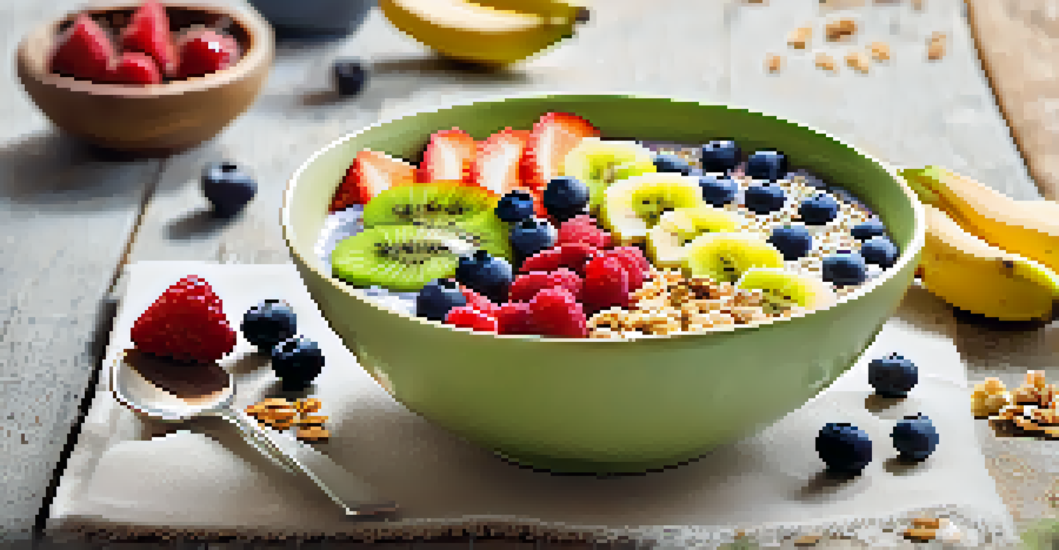 A smoothie bowl decorated with a variety of fruits and granola, placed on a rustic wooden table with soft sunlight illuminating the scene.