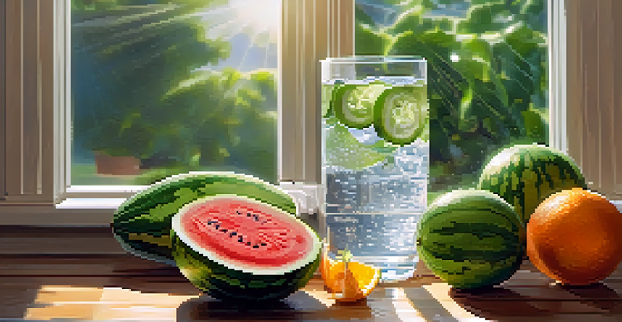 A clear glass of water surrounded by fresh fruits such as watermelon, oranges, and cucumbers, with sunlight shining through a window.