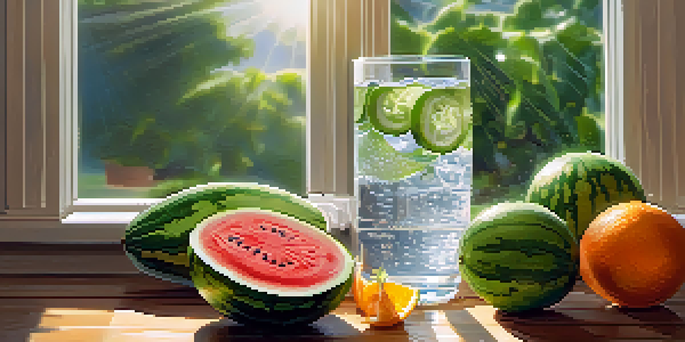 A clear glass of water surrounded by fresh fruits such as watermelon, oranges, and cucumbers, with sunlight shining through a window.