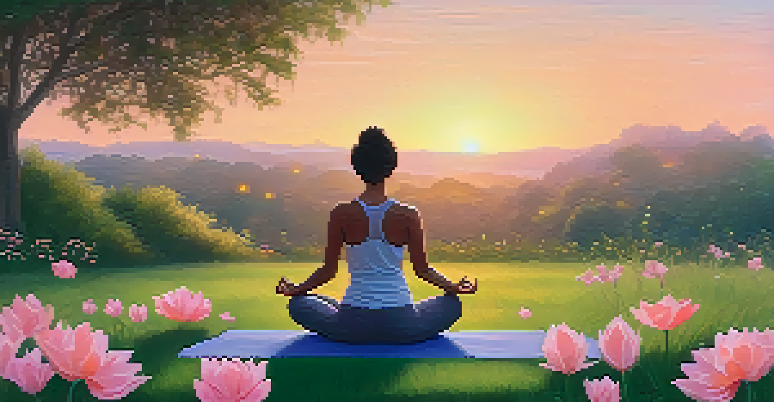 A person practicing yoga in a peaceful park during sunset, surrounded by flowers and greenery.