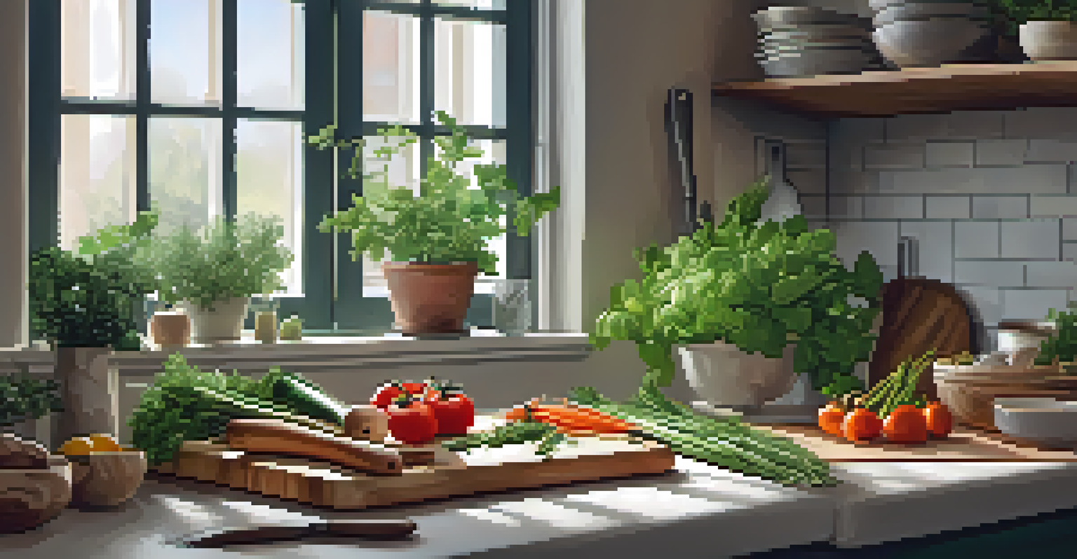 A person preparing a meal in a cozy kitchen, chopping vegetables with natural light illuminating the space.