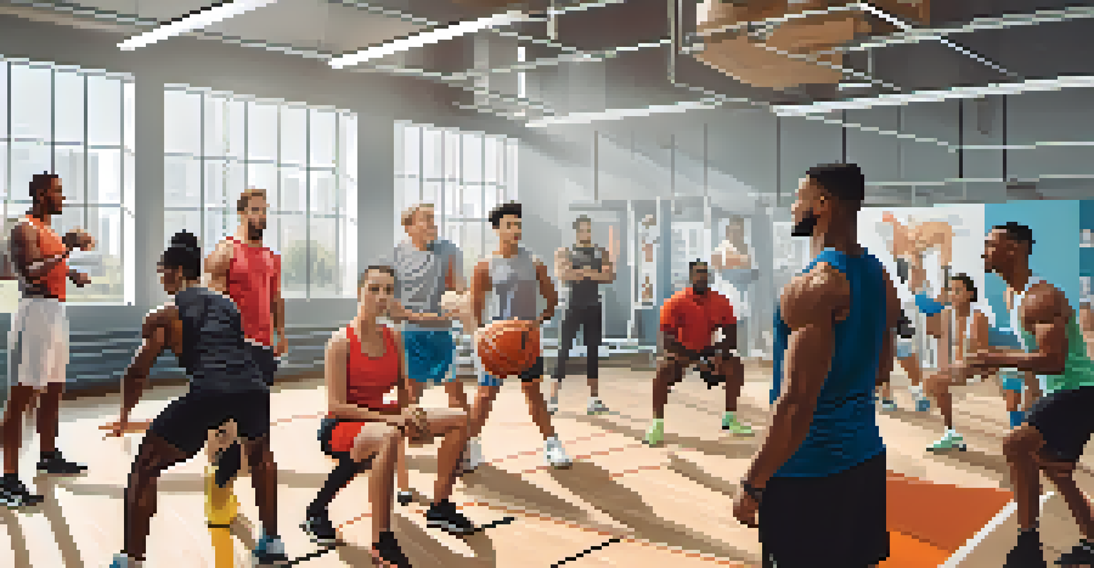 A group of athletes discussing safety protocols in a gym setting.