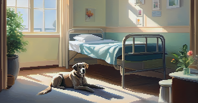 A patient in a hospital room interacts with a therapy dog, creating a warm and calming atmosphere.