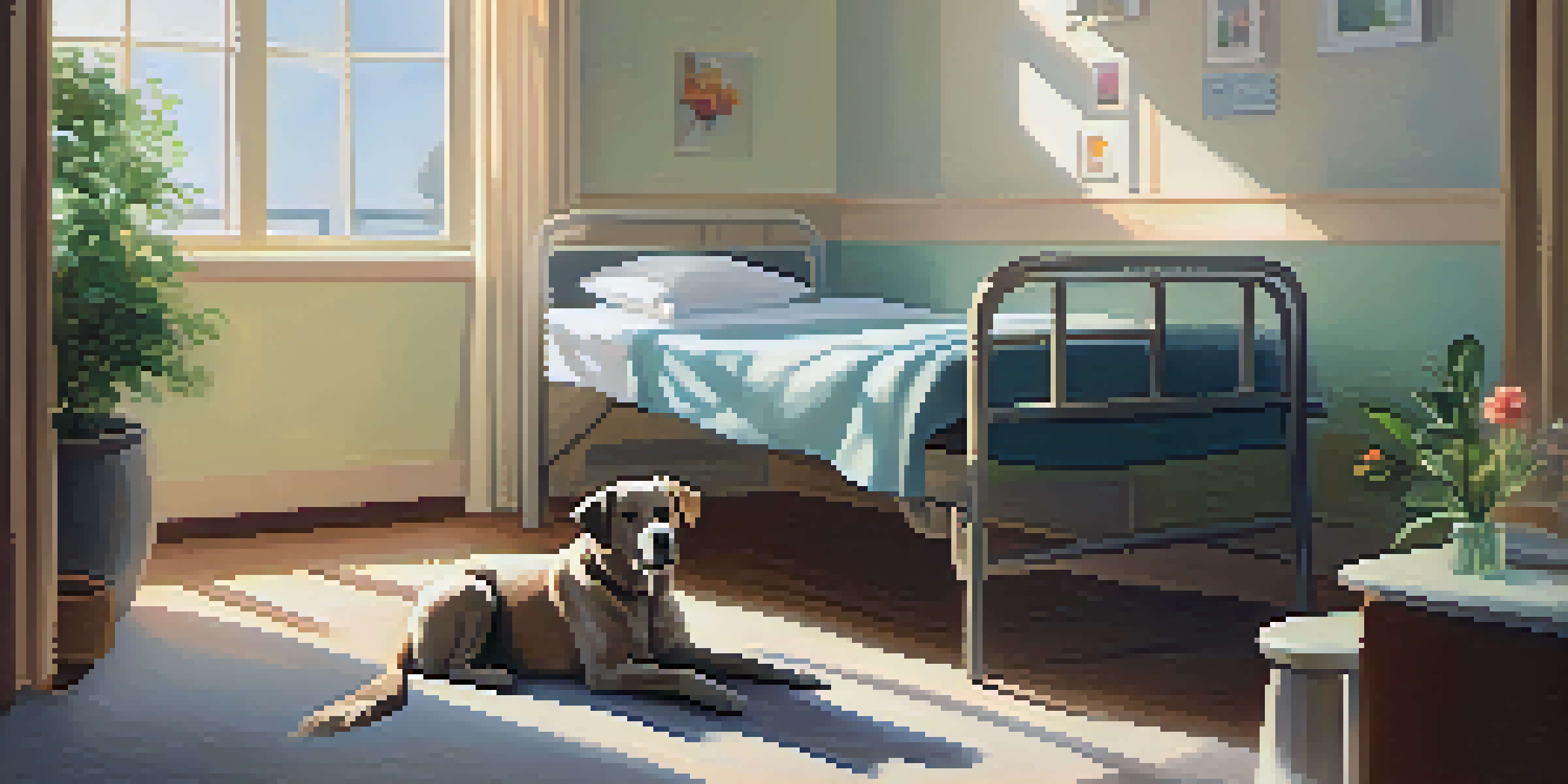 A patient in a hospital room interacts with a therapy dog, creating a warm and calming atmosphere.