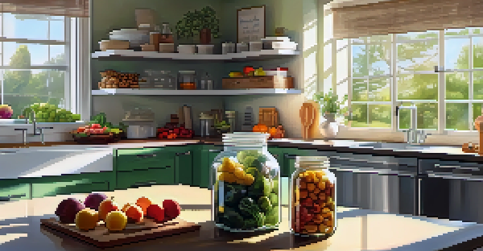 A bright and organized allergen-free kitchen with labeled containers and fresh produce on the counter.