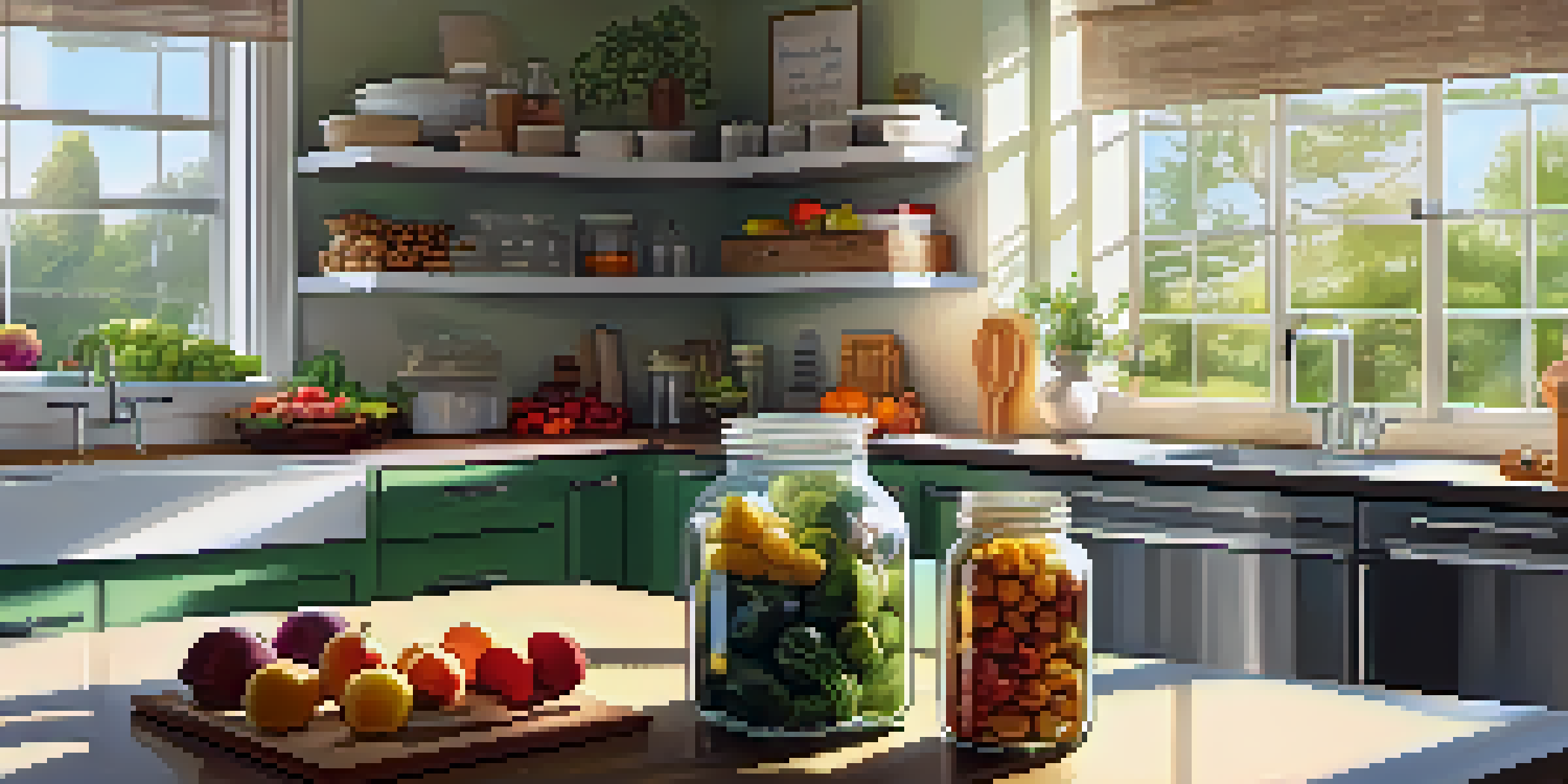 A bright and organized allergen-free kitchen with labeled containers and fresh produce on the counter.