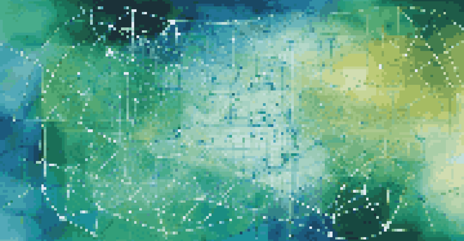 An abstract visualization of AI and predictive analytics in healthcare with glowing interconnected data points and algorithms.