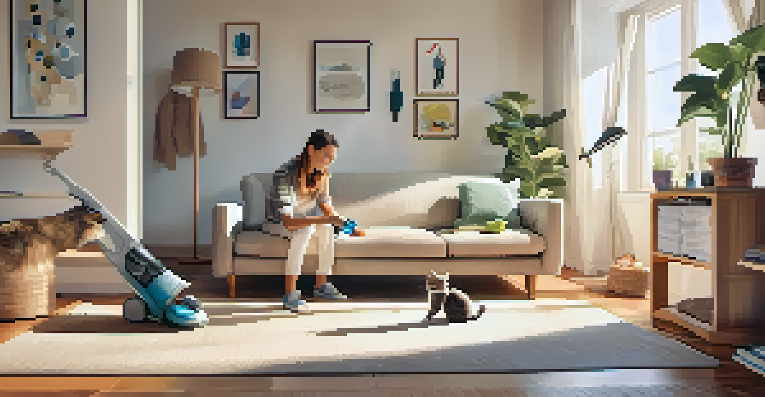 A person vacuuming a clean living room with a cat watching, surrounded by pet toys.