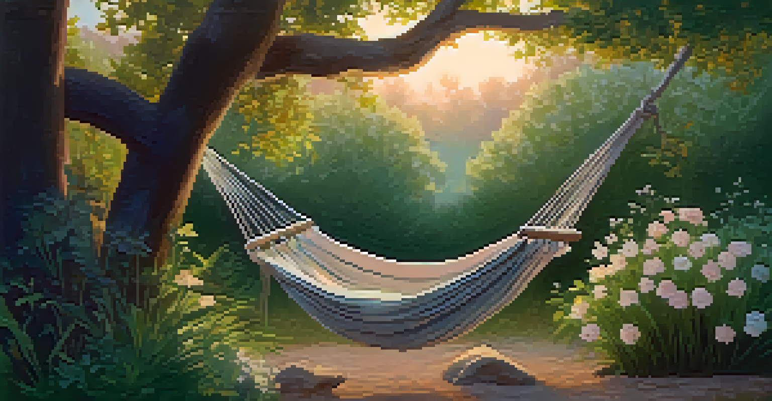 A tranquil garden at dusk with blooming flowers, a hammock, and soft twinkling lights, creating a peaceful atmosphere.