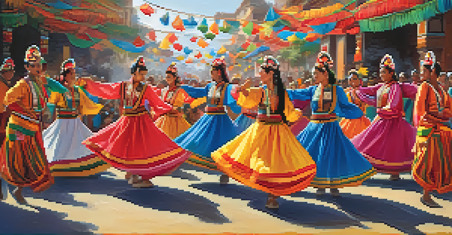 Dancers in traditional costumes performing at a vibrant cultural festival, surrounded by decorations and an engaged audience.
