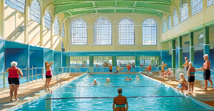 Seniors engaging in an aquatic exercise class in a well-lit indoor pool, using water dumbbells and smiling as they interact.