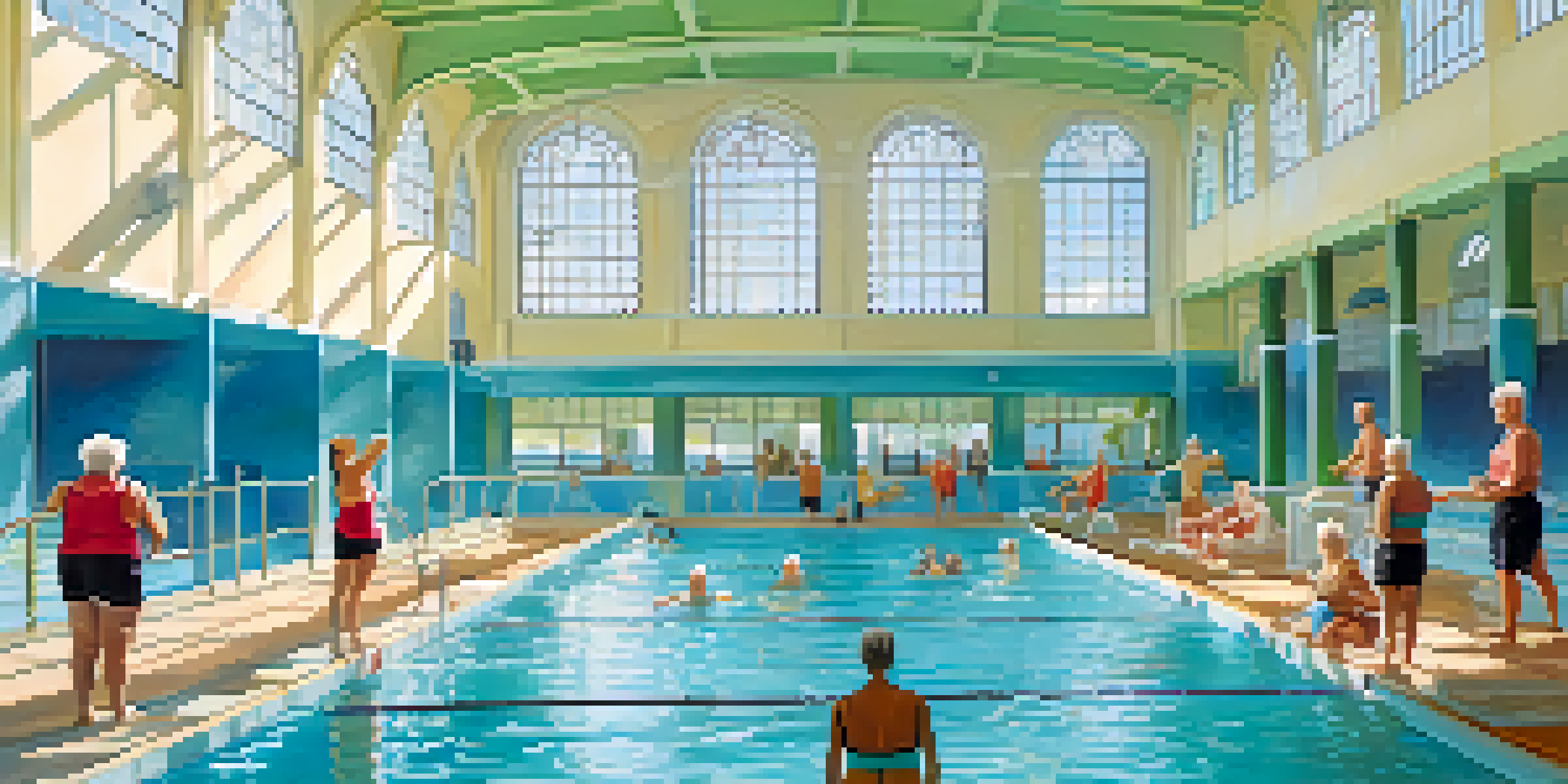 Seniors engaging in an aquatic exercise class in a well-lit indoor pool, using water dumbbells and smiling as they interact.