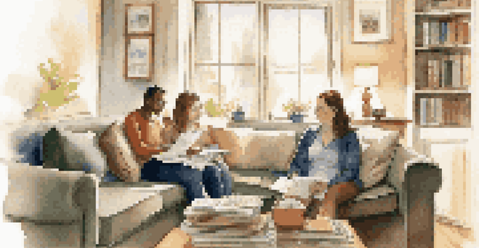A couple discussing finances in a cozy living room, highlighting a laptop and financial documents.