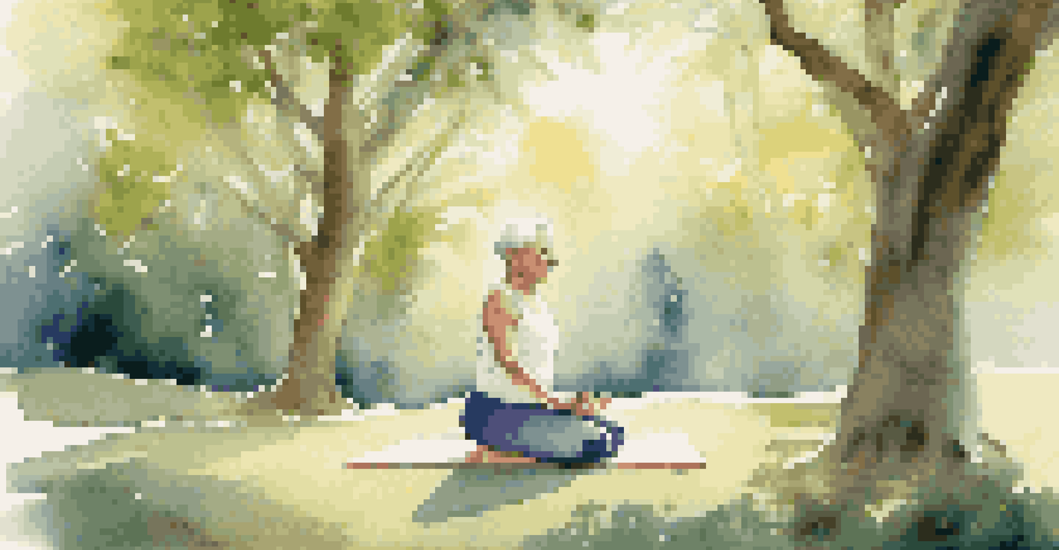 An elderly person practicing yoga outdoors, surrounded by greenery, promoting physical activity and wellness.