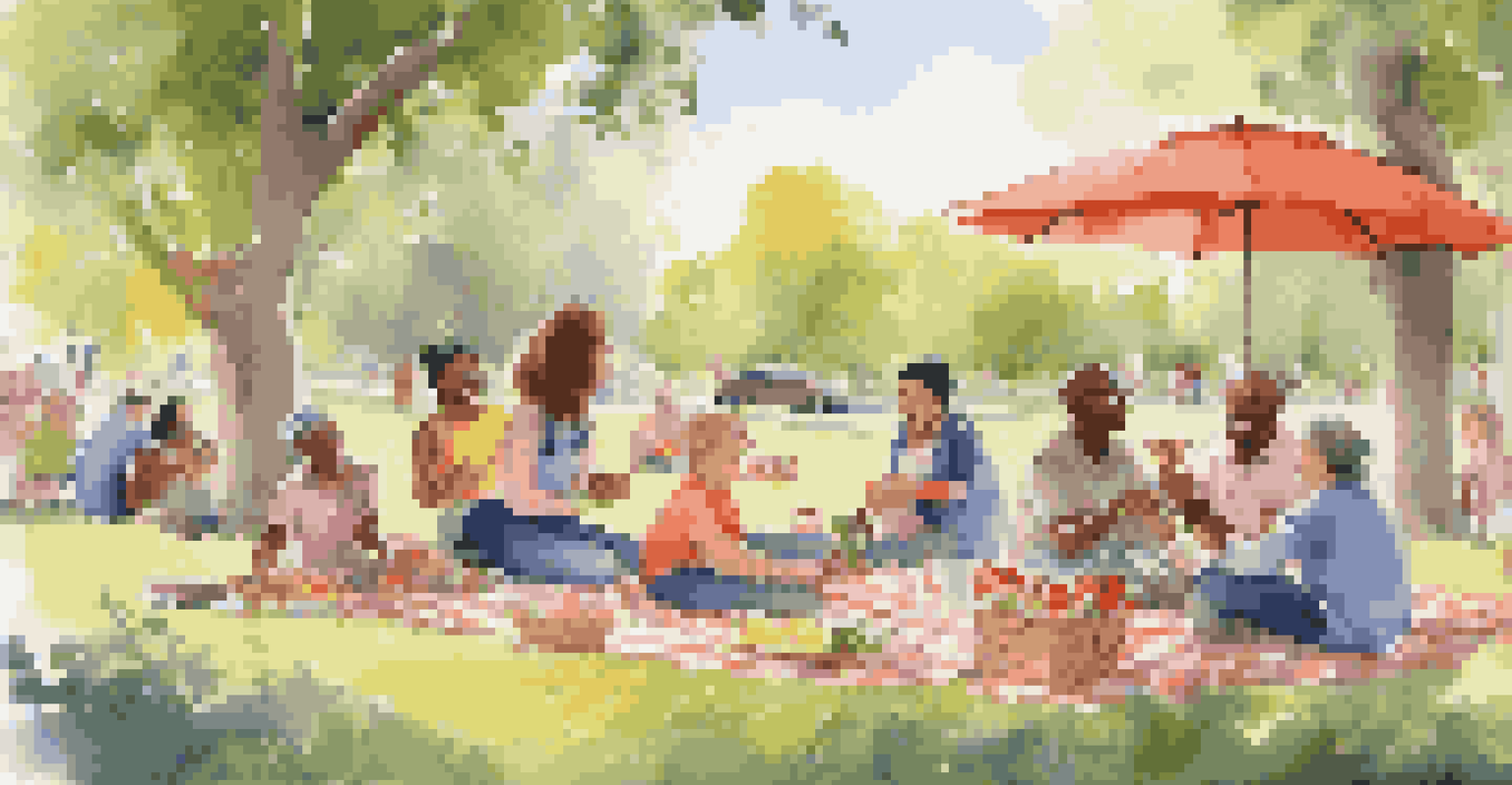 A sunny park picnic scene with a group of diverse people laughing and enjoying food together, surrounded by flowers and children playing.