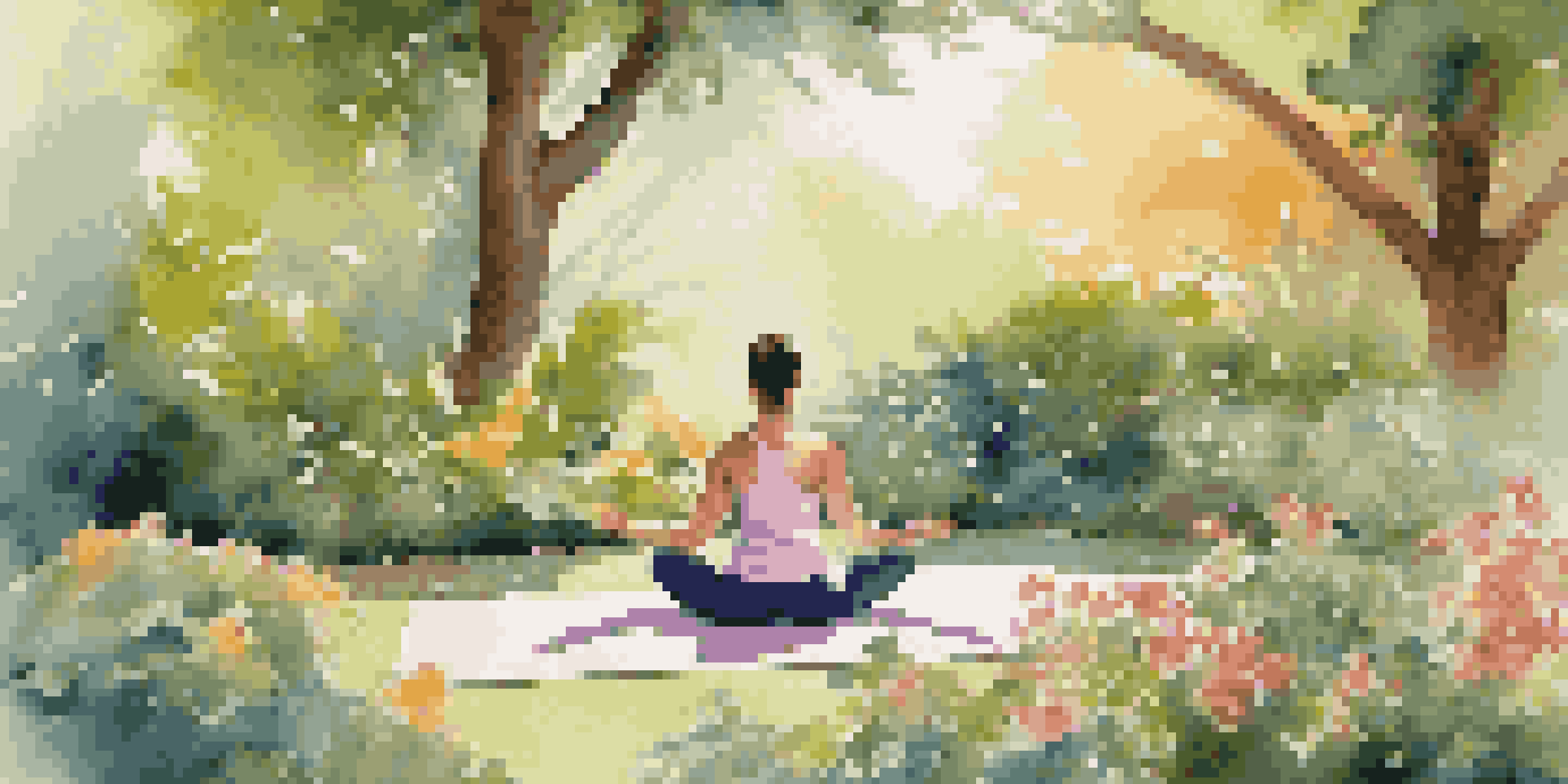 A person practicing yoga in a beautiful garden filled with colorful flowers and greenery, under soft sunlight.