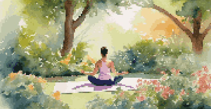 A person practicing yoga in a beautiful garden filled with colorful flowers and greenery, under soft sunlight.