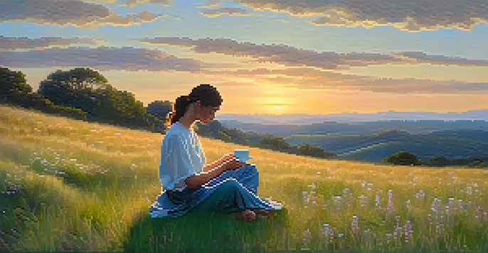 A peaceful scene of a person meditating on a hill, enjoying a cup of tea with a sunset in the background.
