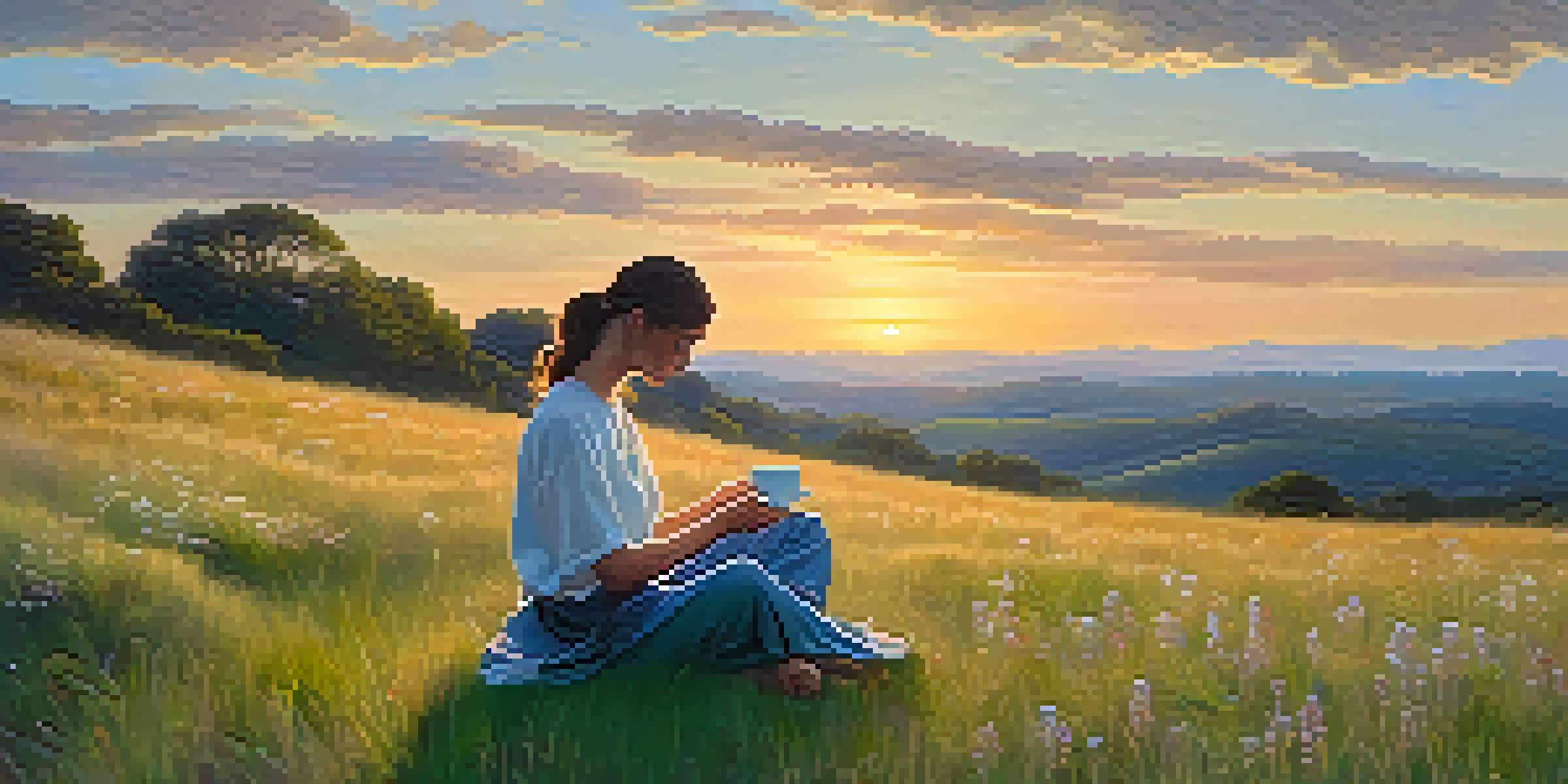 A peaceful scene of a person meditating on a hill, enjoying a cup of tea with a sunset in the background.