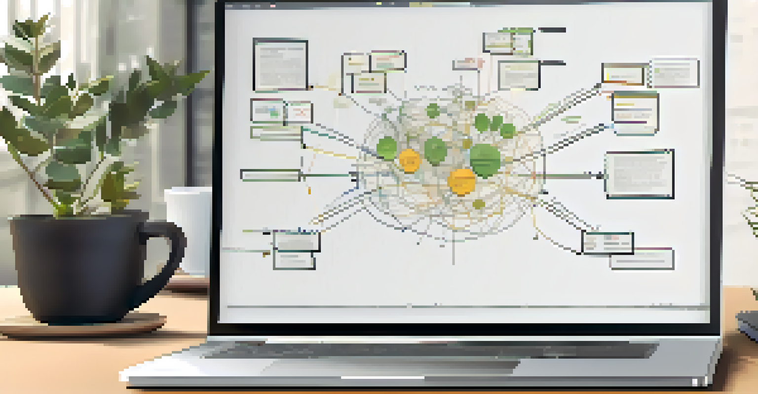 A laptop displaying a digital mind map with various connected ideas, set on a minimalist desk in a modern office environment.