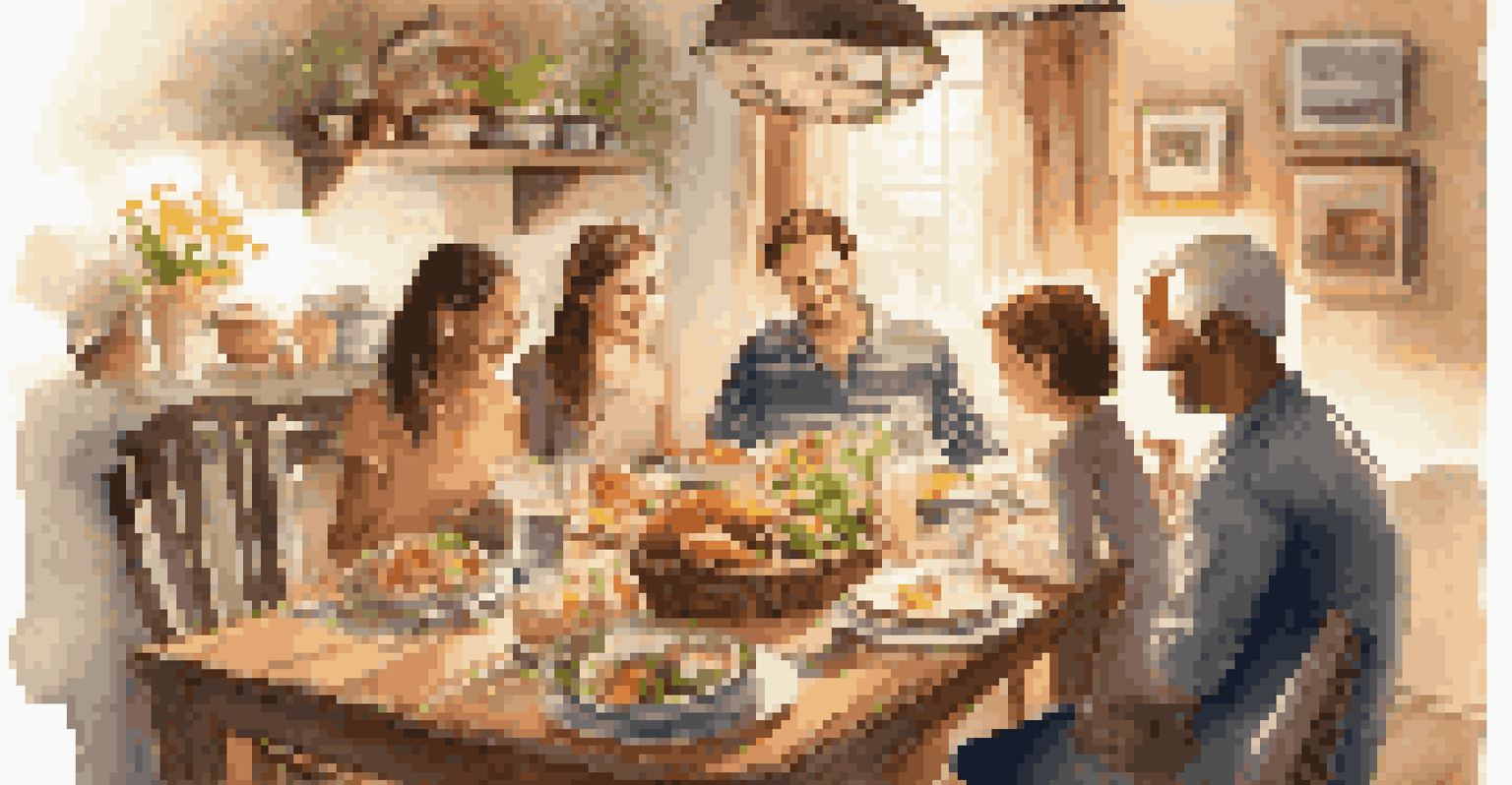 A warm dining room with a family enjoying a meal together, no devices present, emphasizing connection and conversation.
