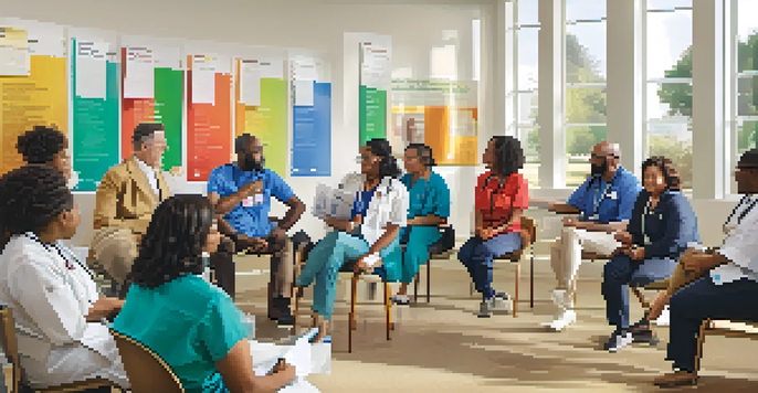 A diverse group of healthcare professionals and community members engaging in a health workshop in a brightly lit community center.